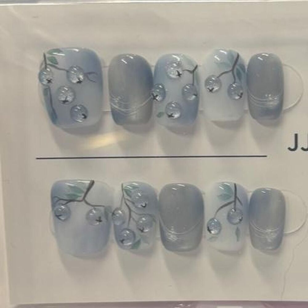 Handmade Blue Floral Rhinestone Press-On Fingernails Size Large